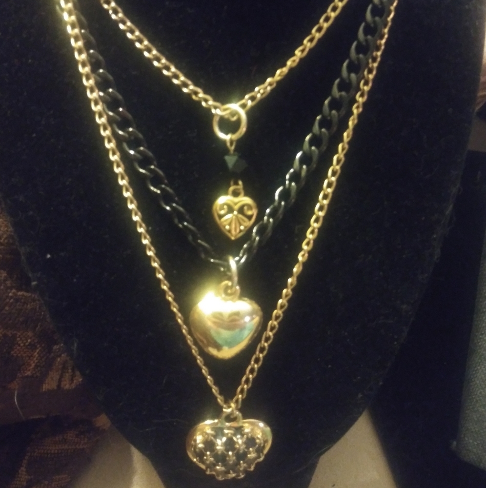 Triple Heart Gold & Black Necklace